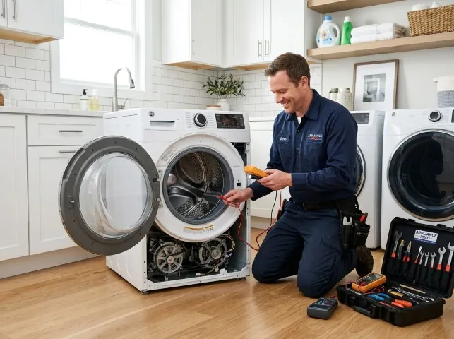 Appliance Repair Hero technician testing a front-load washer with a multimeter on a Barnstable, MA service call